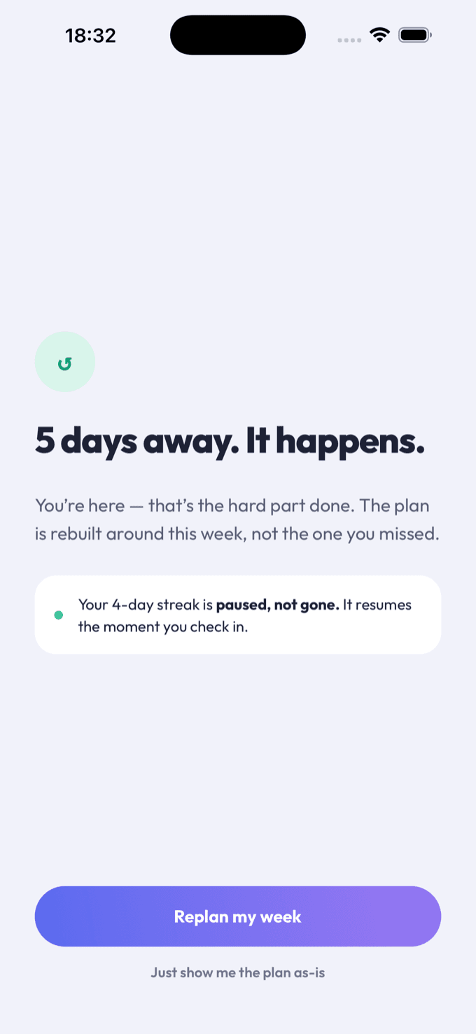 Comeback screen — five days away, your streak is paused, not gone